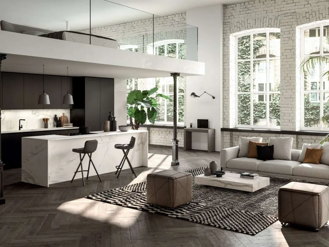 Tavolino trasformabile Box con top in marmo Calacatta Gold lucido di Ozzio