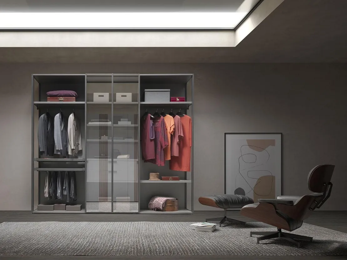 Armadio con ante battenti Comp 340 in vetro e nobilitato tessuto Grey di Mobilgam