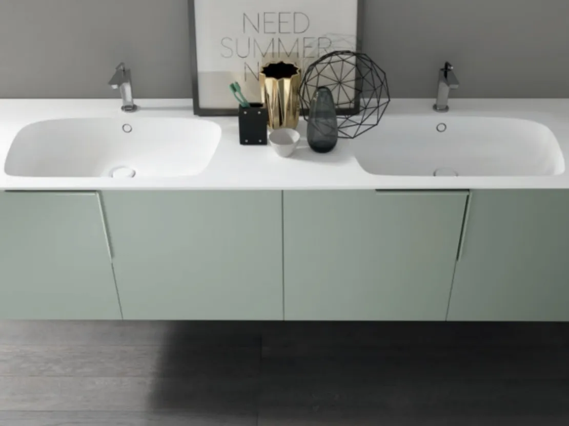 Mobile da Bagno sospeso M1 System C111 in laccato opaco Verde Polvere con top con vasche integrate di Baxar