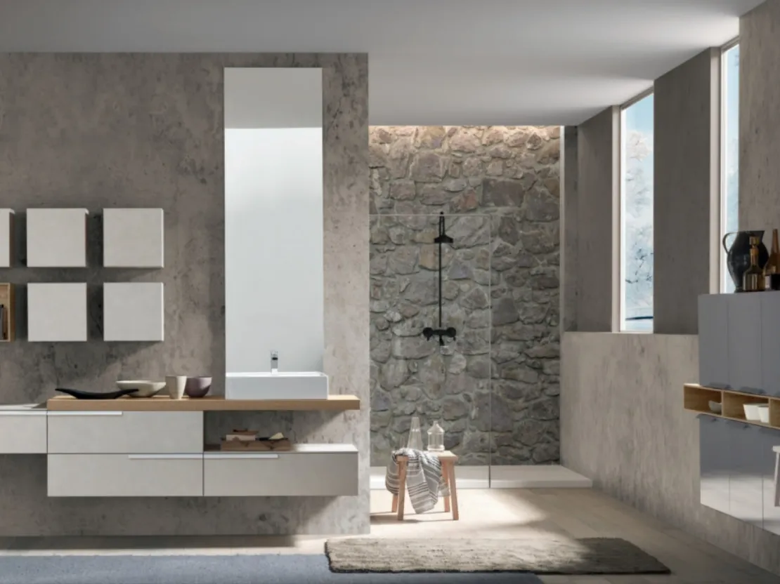 Mobile da Bagno sospeso M System C007 in melaminico cemento tortora con pensili laccati di Baxar