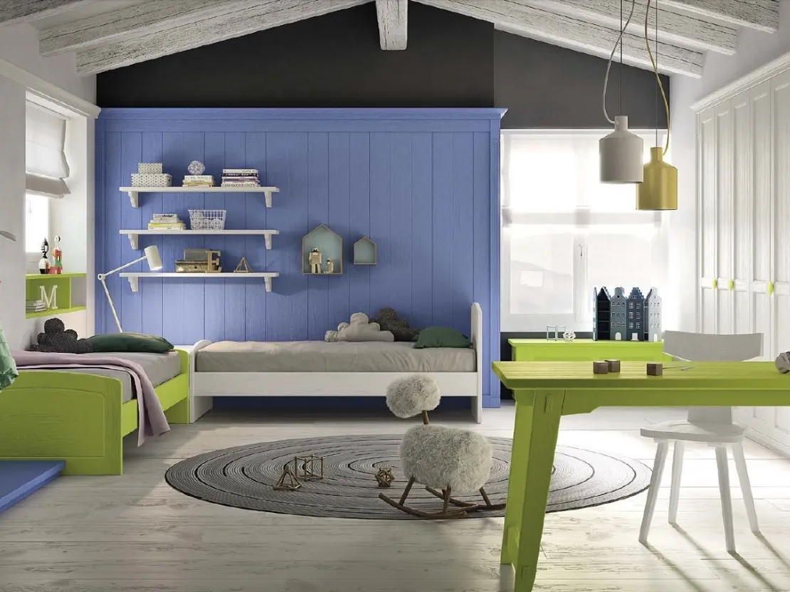 Cameretta N23 Nuovo Mondo in legno laccato Blu oltremare, Lime e Bianco gesso di Scandola
