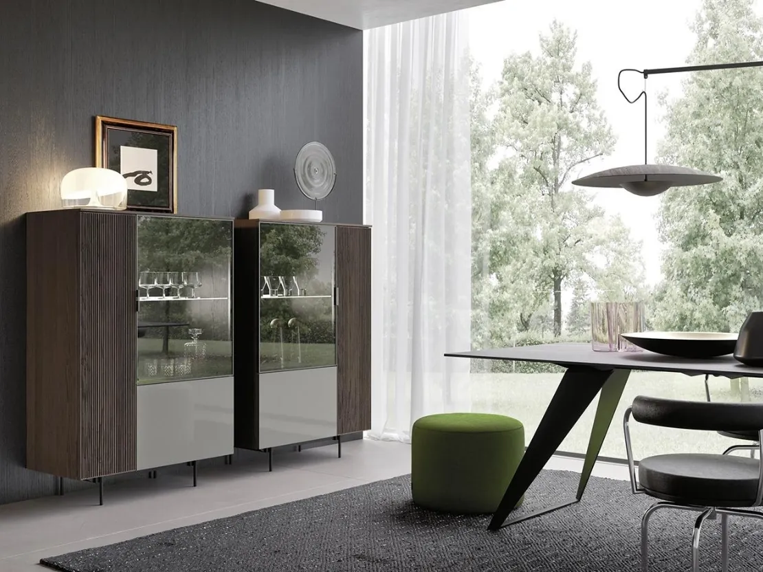 Madia Horizon Tetris 967 in vetro, laccato lucido e legno di Mobilgam