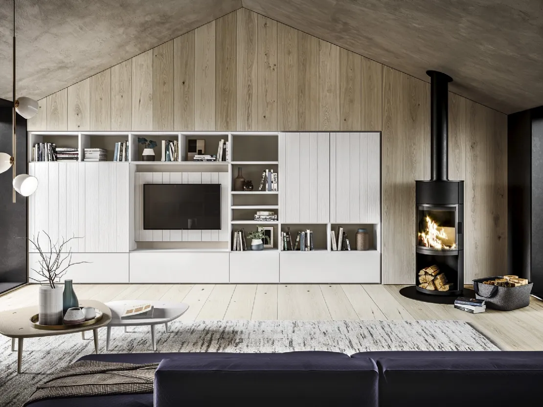 Parete Attrezzata in legno finitura bianco gesso con TV a scomparsa M05 Maestrale di Scandola