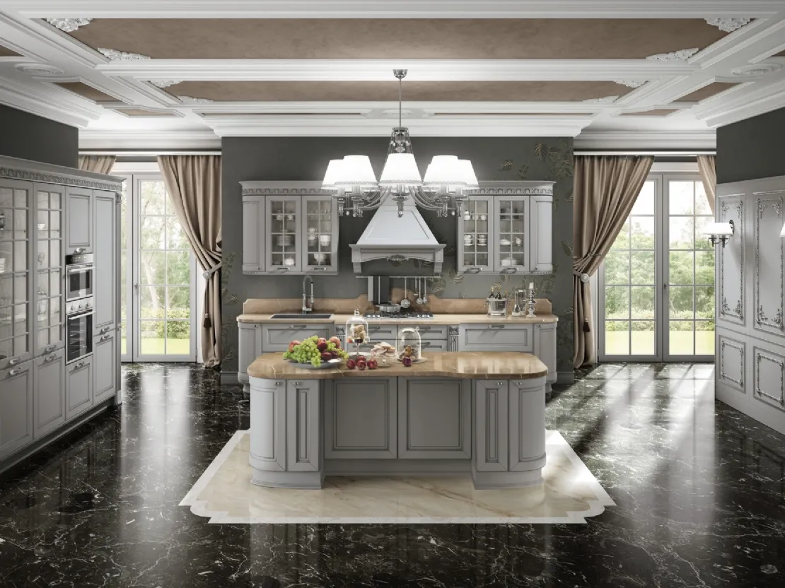 Cucina Classica Dolcevita v12 in Laccato Laguna filo Argento, Top marmo Bronze Amani, Maniglie finitura Cromo lucido con Strass di Stosa