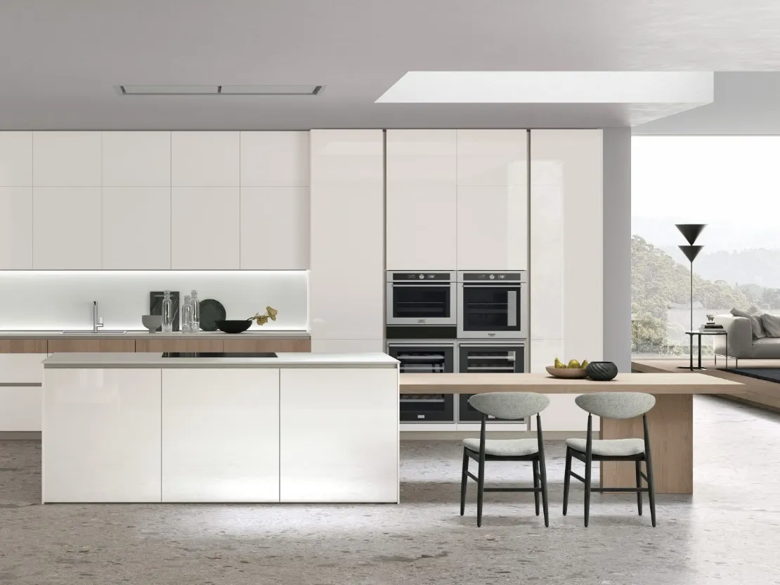 Cucina Moderna Aliant v02 in Vetro lucido Bianco Ice e Rovere Sahara con top in HPL Bianco di Stosa