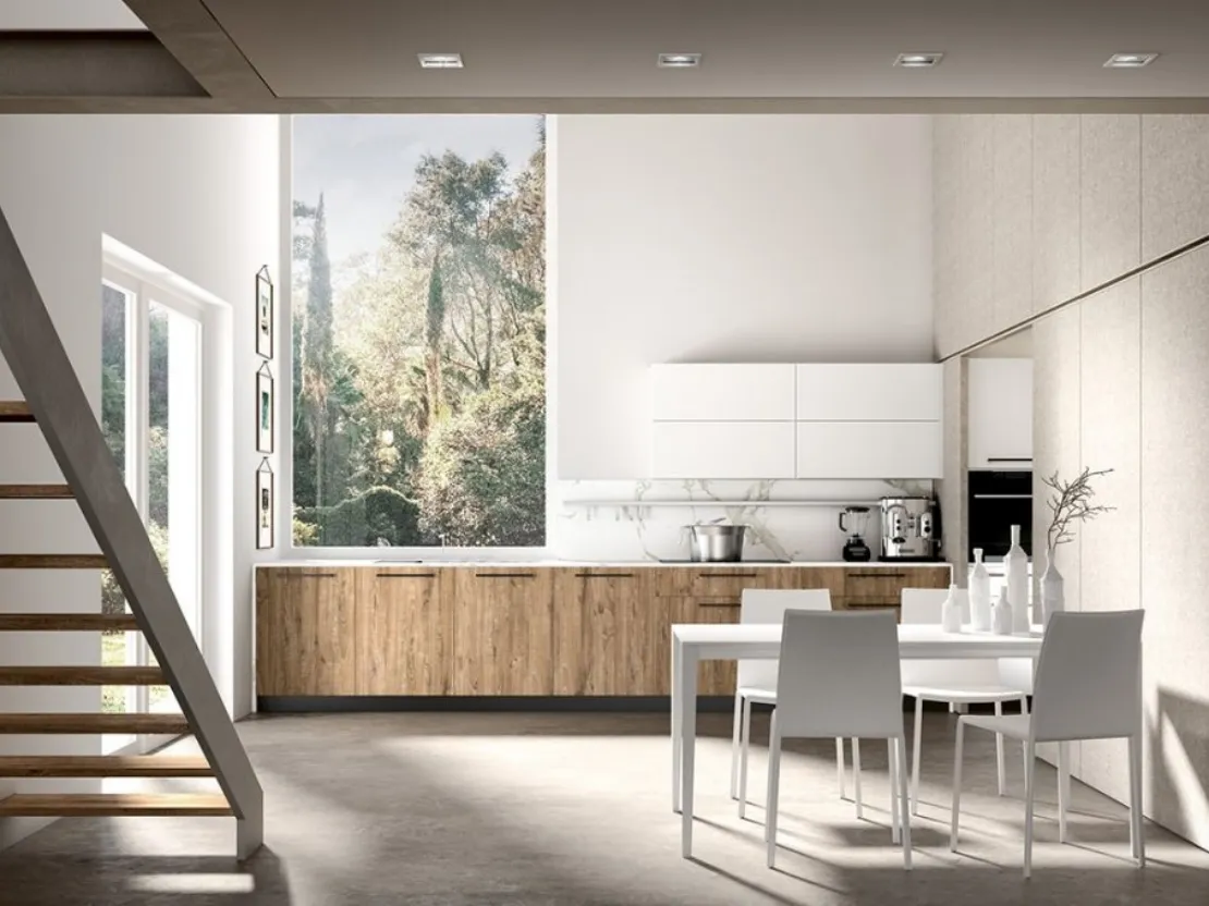 Cucina Moderna lineare in finitura rovere Sherwood e pensili in laccato bianco Gea 04 di Mobilegno