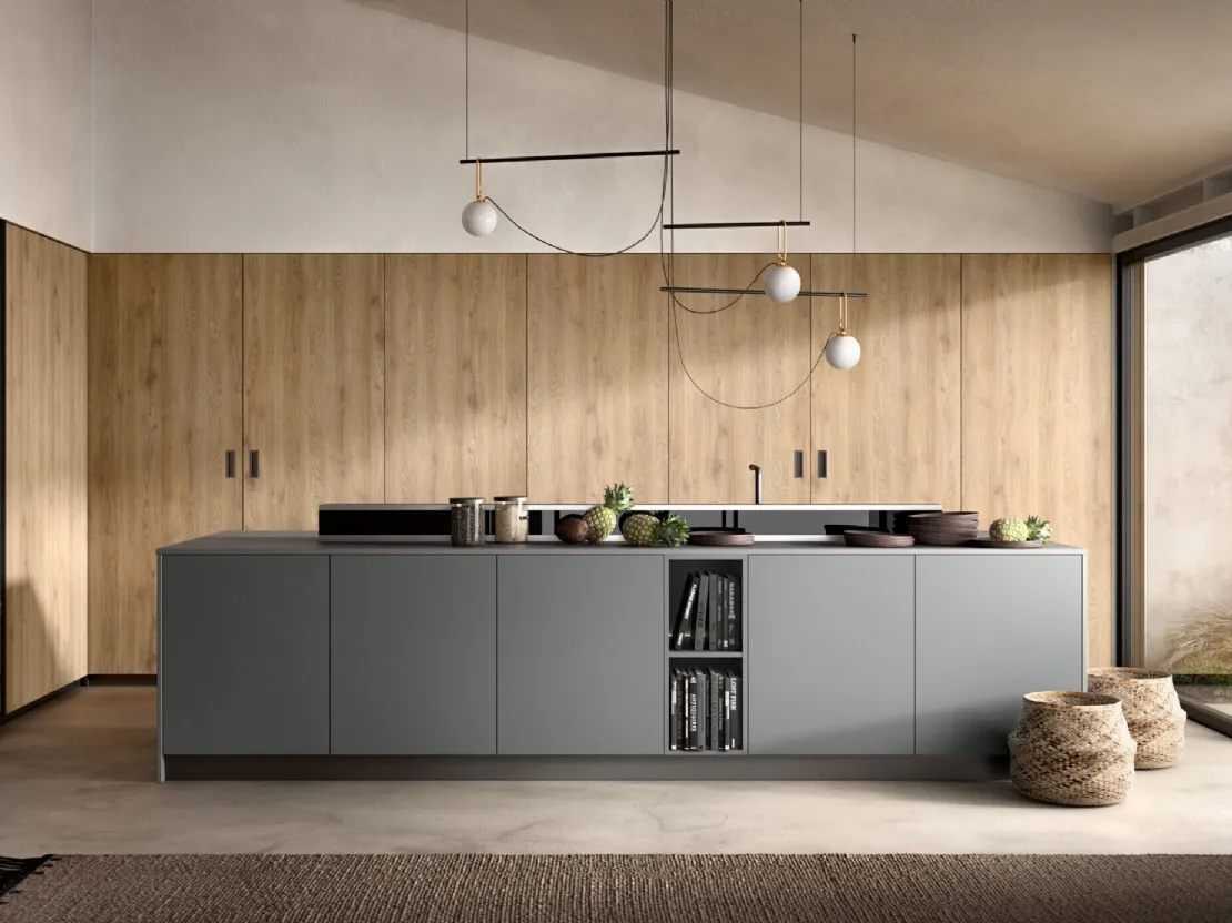 Cucina Moderna con isola Infinity 03 in laccato e rovere di Mobilegno