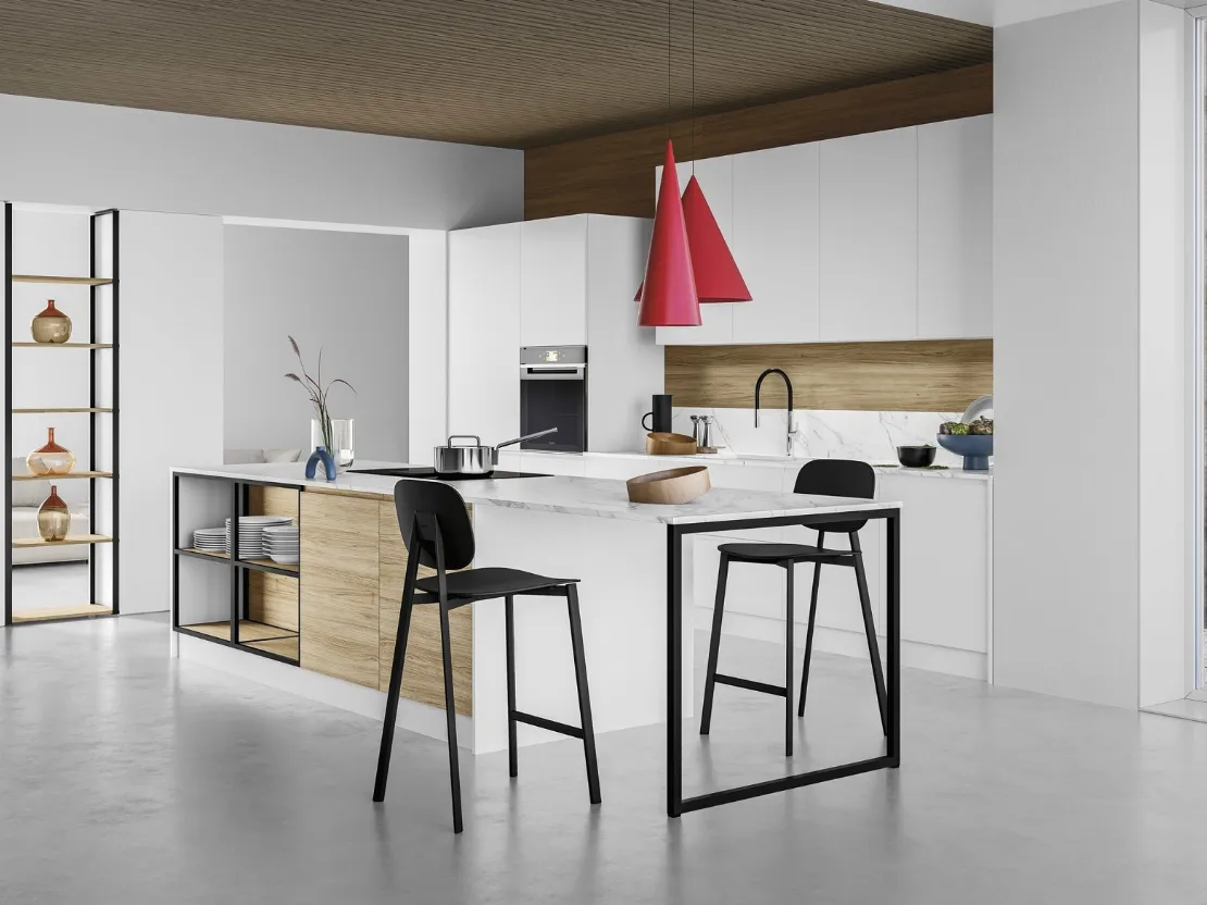 Cucina Moderna con isola J22 006 in laccato e effetto legno di Ar-due