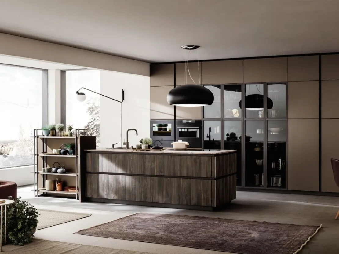 Cucina Moderna lineare Lab con finitura legno Old Oak Petrolio e Metal Bronzo di Arrex