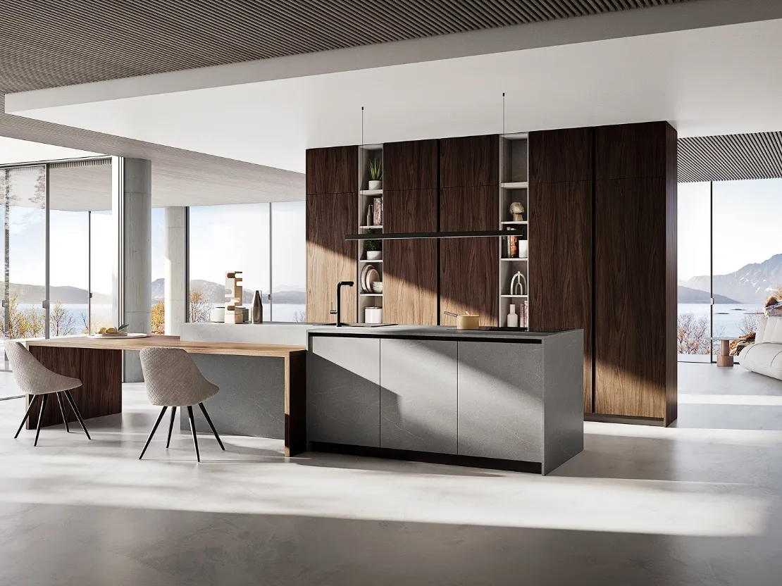 Cucina Moderna con isola Q01 001 effetto legno e effetto pietra di Ar-due