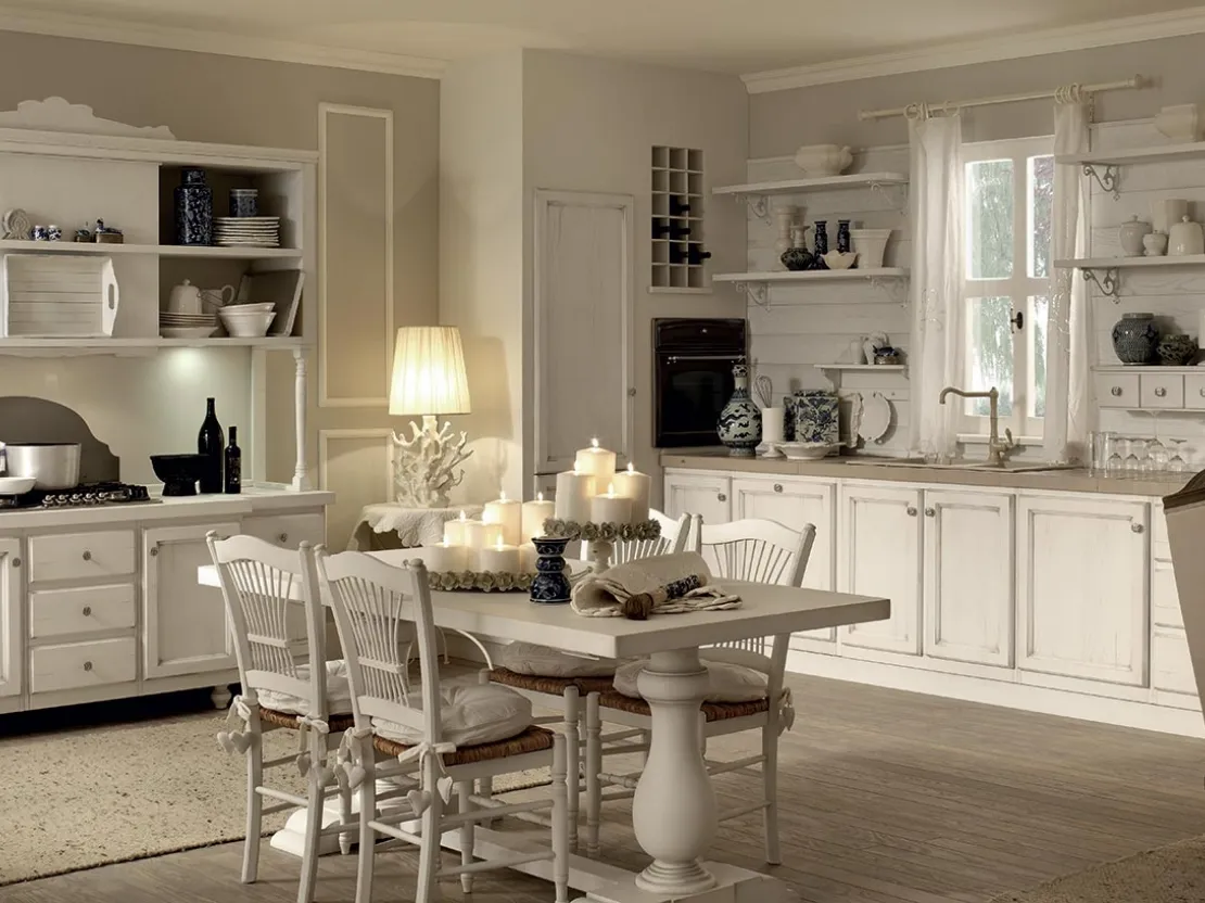 Cucina lineare Shabby Chic in legno Solaia Bianca 02 di Zappalorto