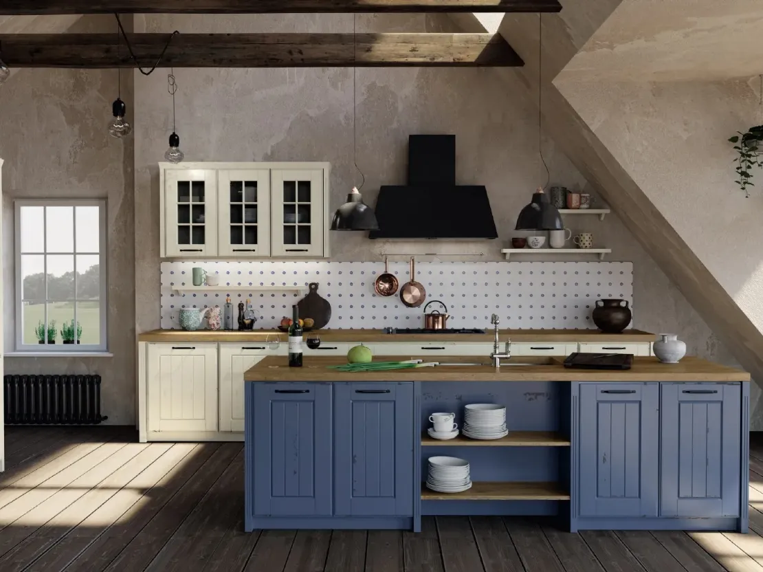 Cucina su misura con isola Fiordo 02 in legno laccato di Fratelli Mirandola