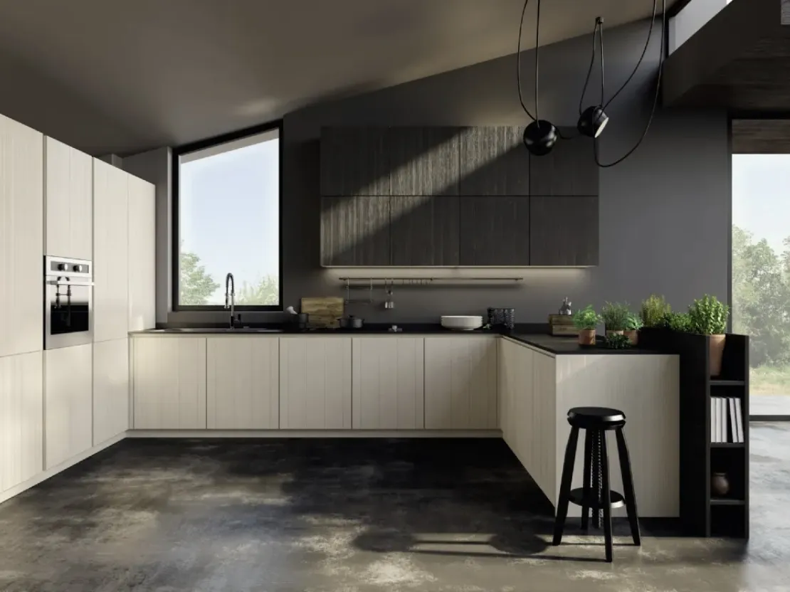 Cucina su misura elegante ad angolo in legno di abete spazzolato New Step 03 di Mirandola